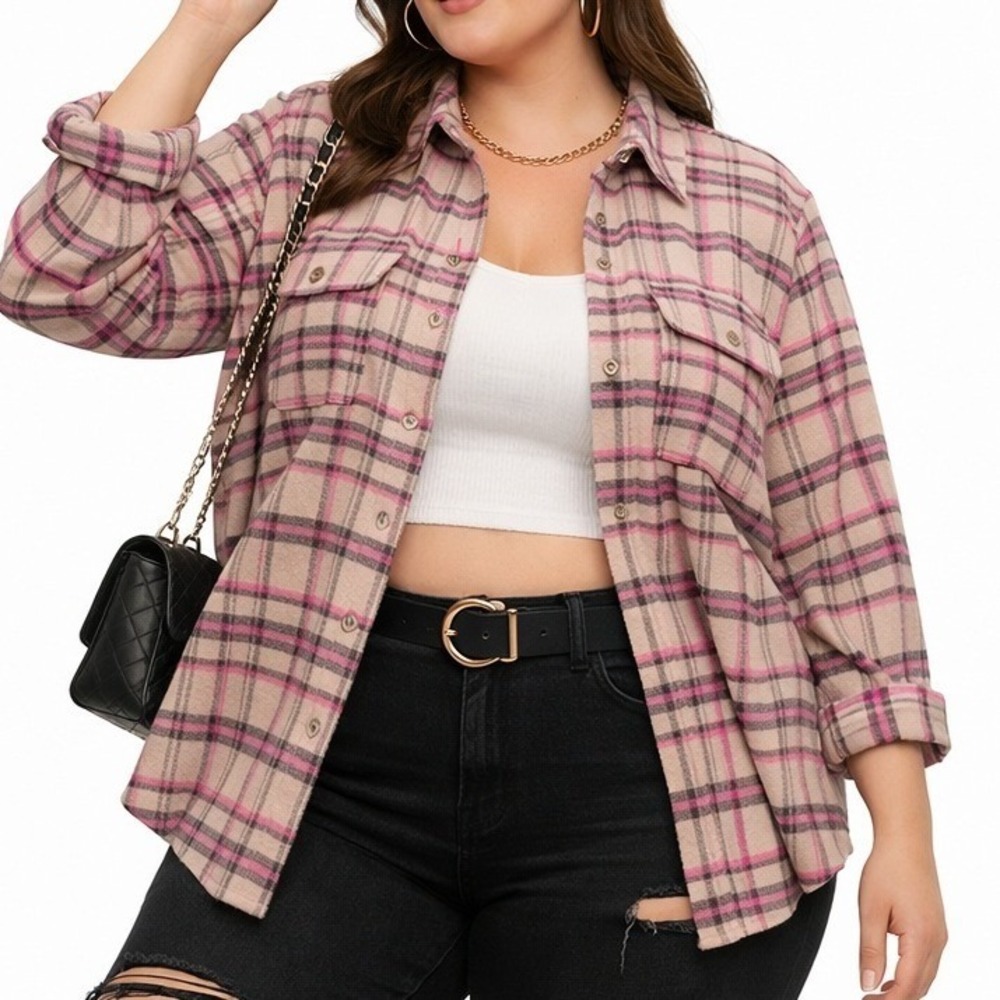 Lane Bryant Womens Shacket Pink Plaid Flannel Cotton Casual Button Up Size 18/20
